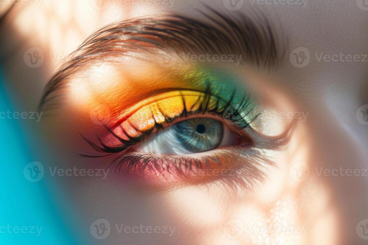 AI generated Closeup view of female eye with bright multicolored fashion makeup. Generative AI photo