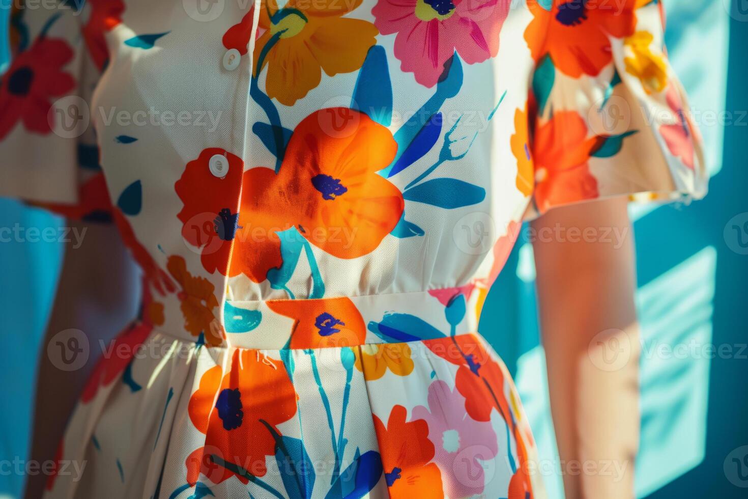 AI generated Close up of young woman in retro dress with a vibrant floral pattern. Generative AI photo