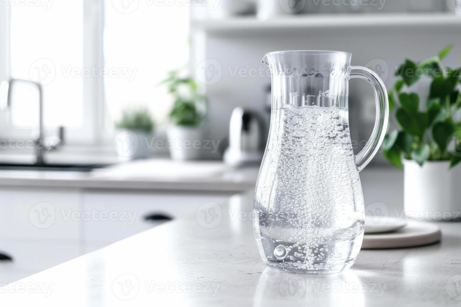 ai generado vaso licorera lleno con limpiar Bebiendo agua en un moderno cocina. generativo ai foto