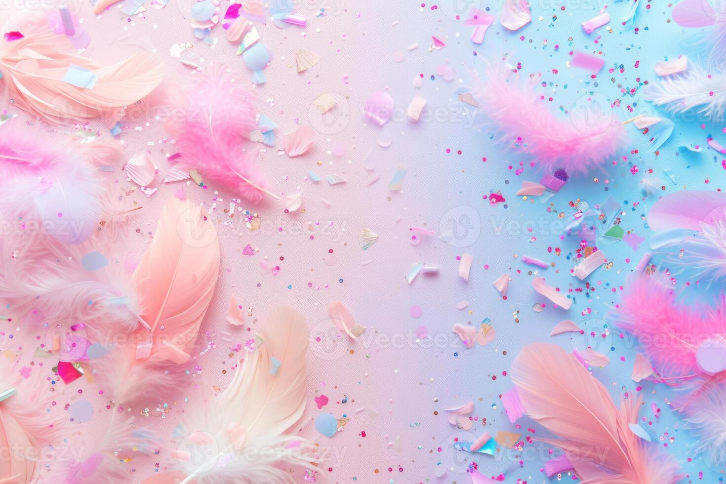 AI generated Soft pastel background with shiny sequins and feathers. Generative AI photo