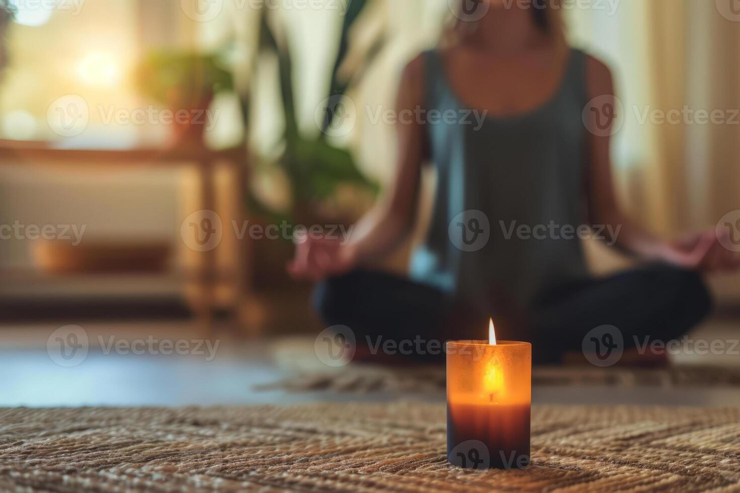 ai generado mujer practicando meditación en el borroso antecedentes con frente ver de un perfumado vela. generativo ai foto