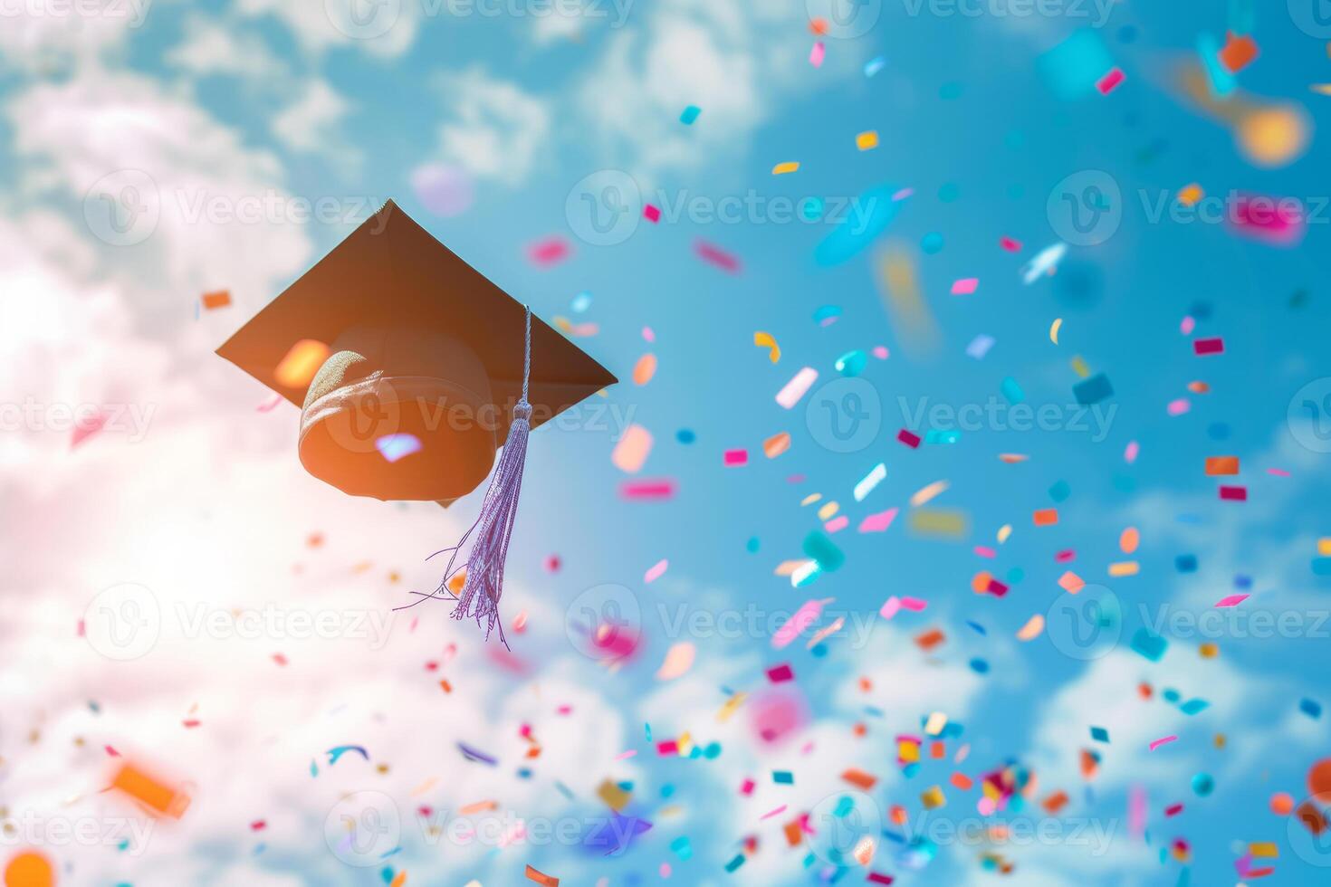 AI generated Graduation cap floating in the sky with colorful confetti. Generative AI photo