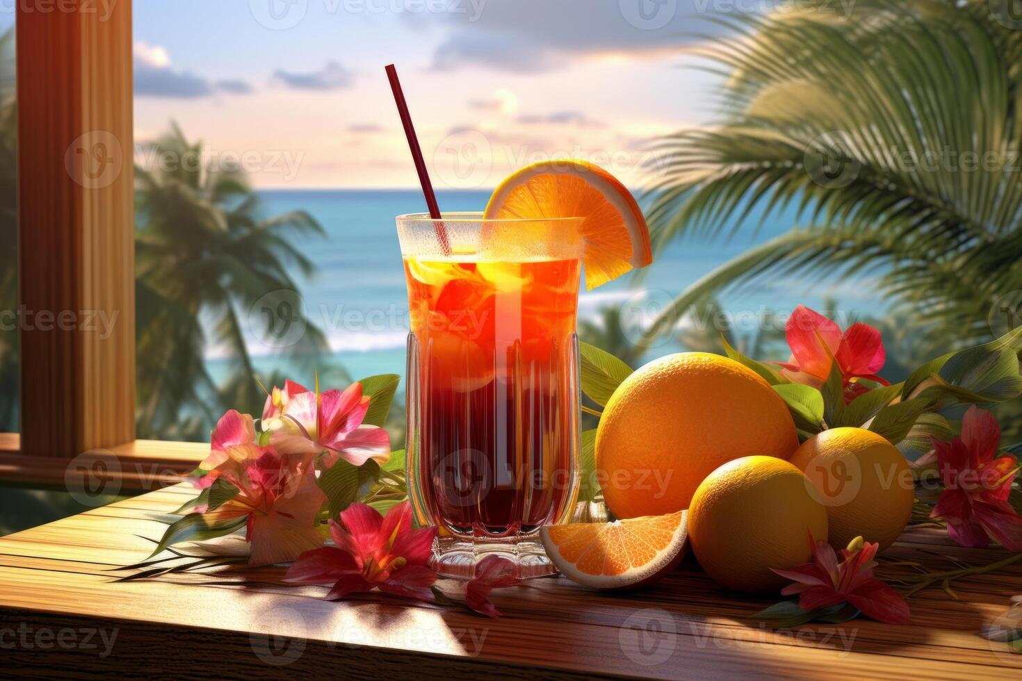 ai generado verano cóctel con Fresco Fruta y difuminar playa en antecedentes. generativo ai foto