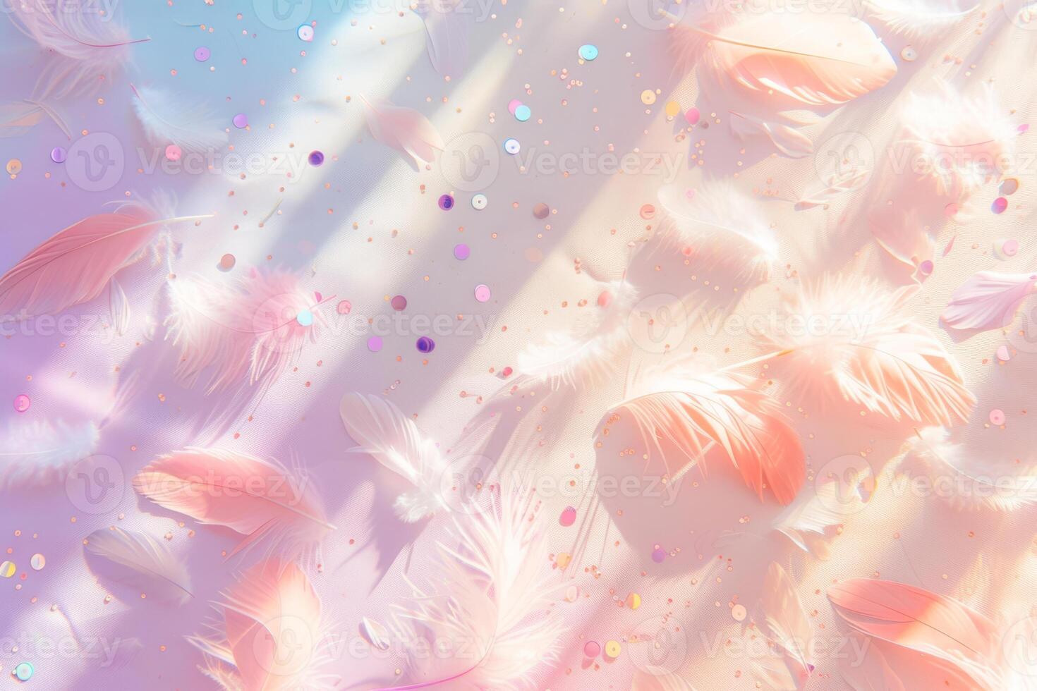 AI generated Soft pastel background with shiny sequins and feathers. Generative AI photo