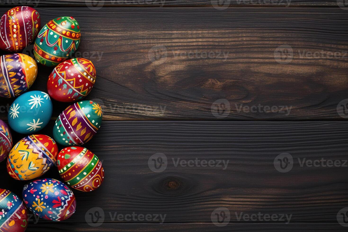AI generated Festive Easter background with colored eggs on a brown wooden table. photo