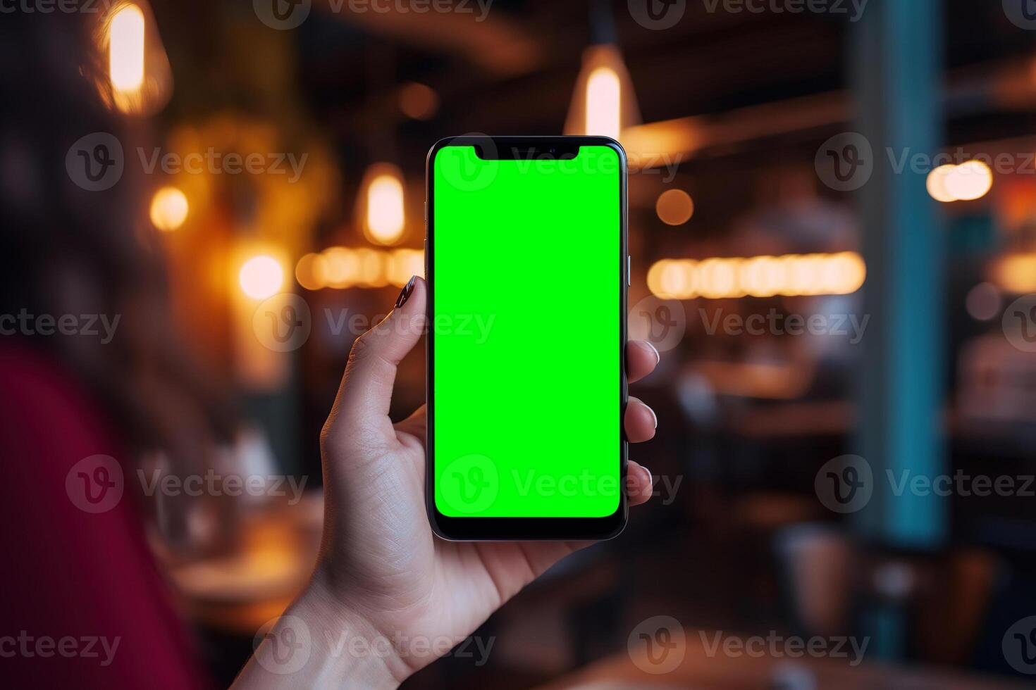 AI generated Young woman holding smartphone with green mock-up screen. photo