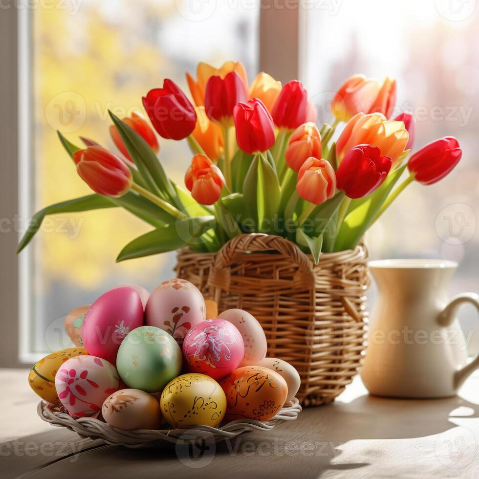 AI generated Easter greeting card with bouquet of tulips and eggs in the basket on the table. photo