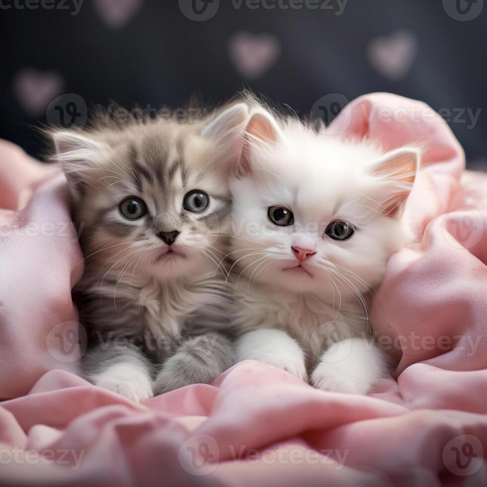 AI generated Cute kittens in love on pink fluffy plaid on the background with hearts. Two cats relax at cozy home. photo