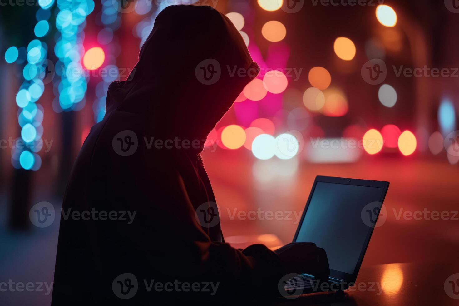 AI generated Computer hacker in hoodie with obscured face. Hacker attack, dark web and cyber security concept. Generative AI photo