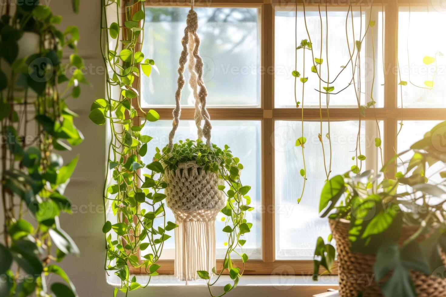 AI generated Macrame hanging basket made of cotton cord. Urban jungle concept. Generative AI photo