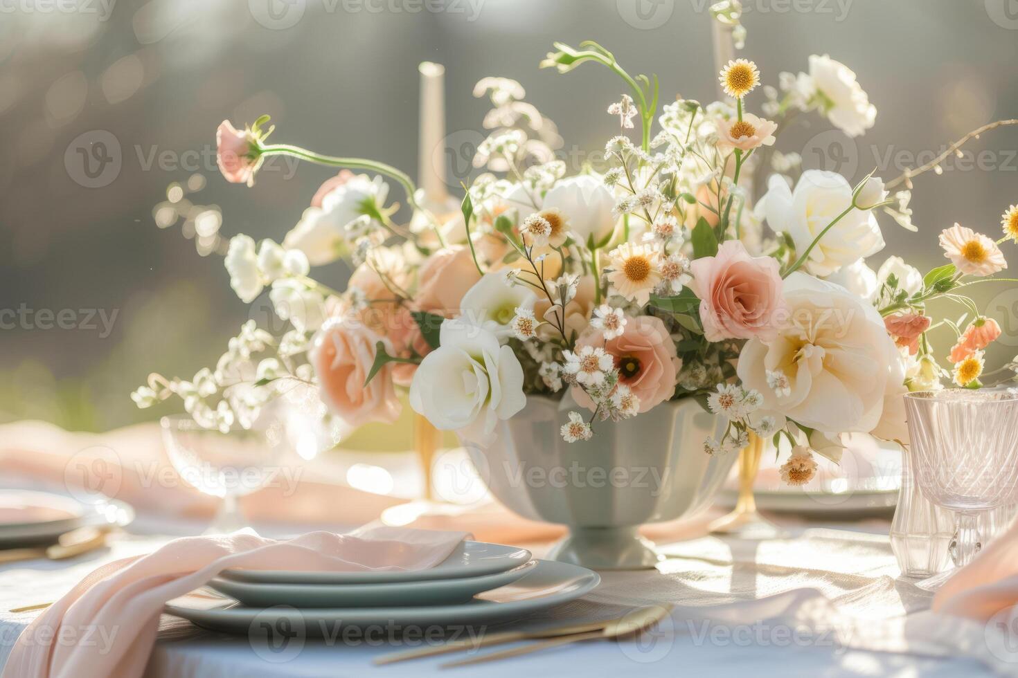 ai generado mesa ajustes con floral acuerdo. especial evento mesa conjunto arriba. Fresco flor decoración. generativo ai foto