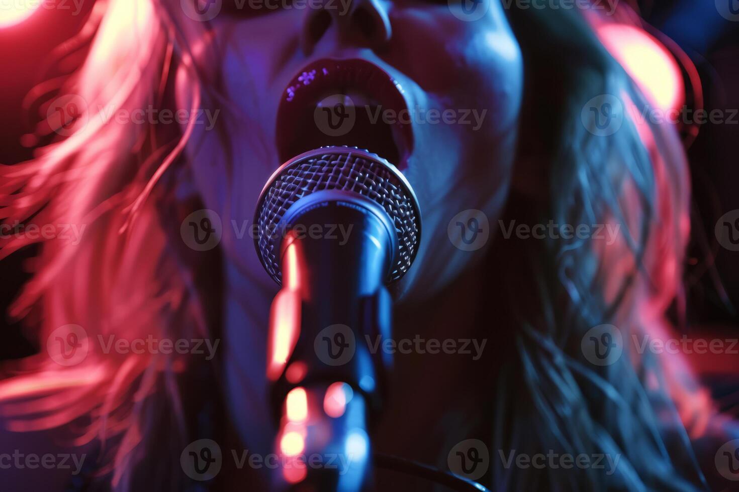 AI generated Woman singing karaoke in neon lights. Generative AI photo