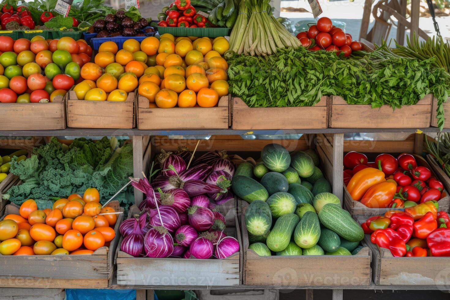 ai generado Fresco orgánico frutas y vegetales a agricultores mercado. generativo ai foto