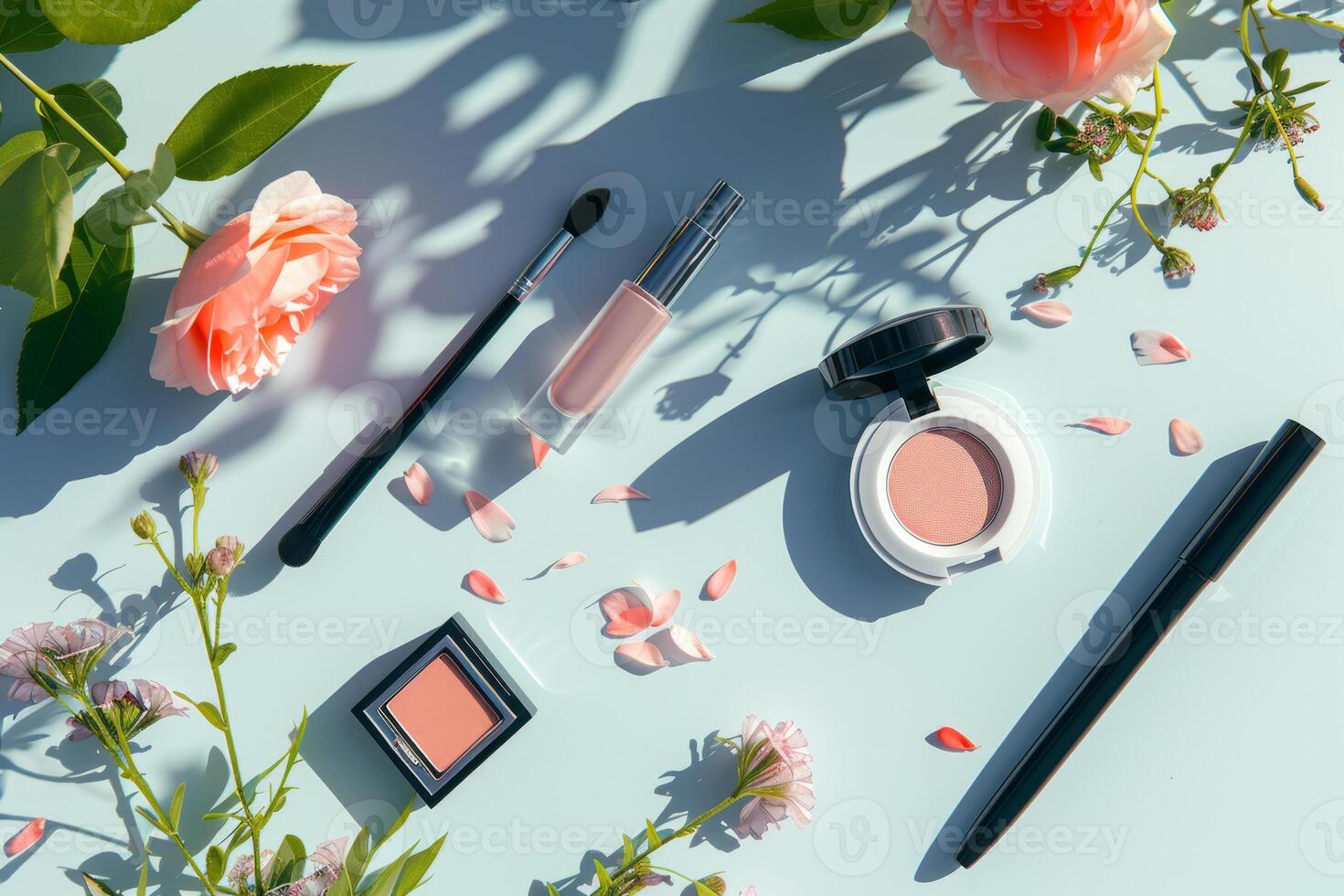 AI generated Decorative cosmetics and makeup brushes on sunny background. Generative AI photo