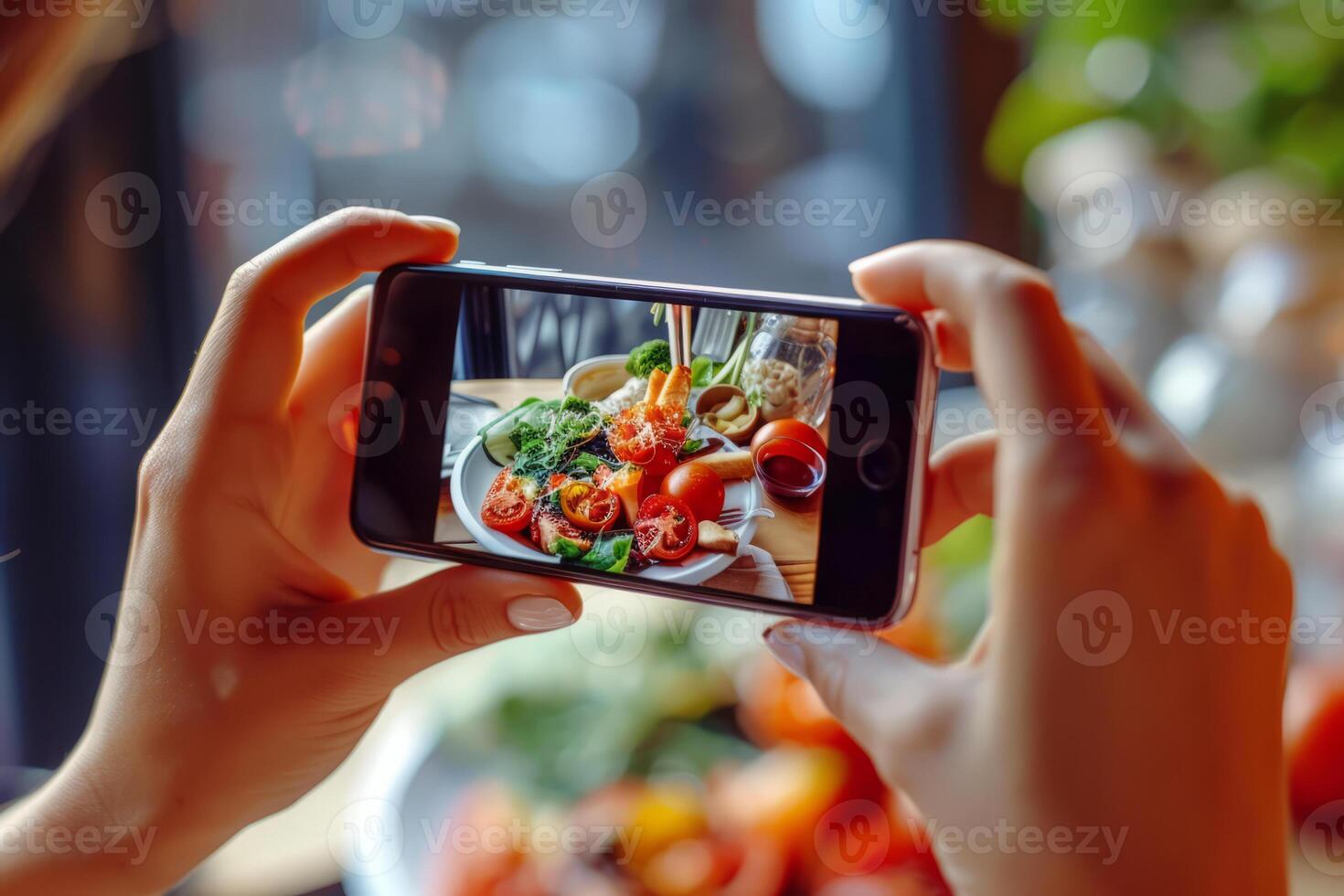 AI generated Woman's hands holding smartphone and taking photo of the food in a restaurant. Generative AI