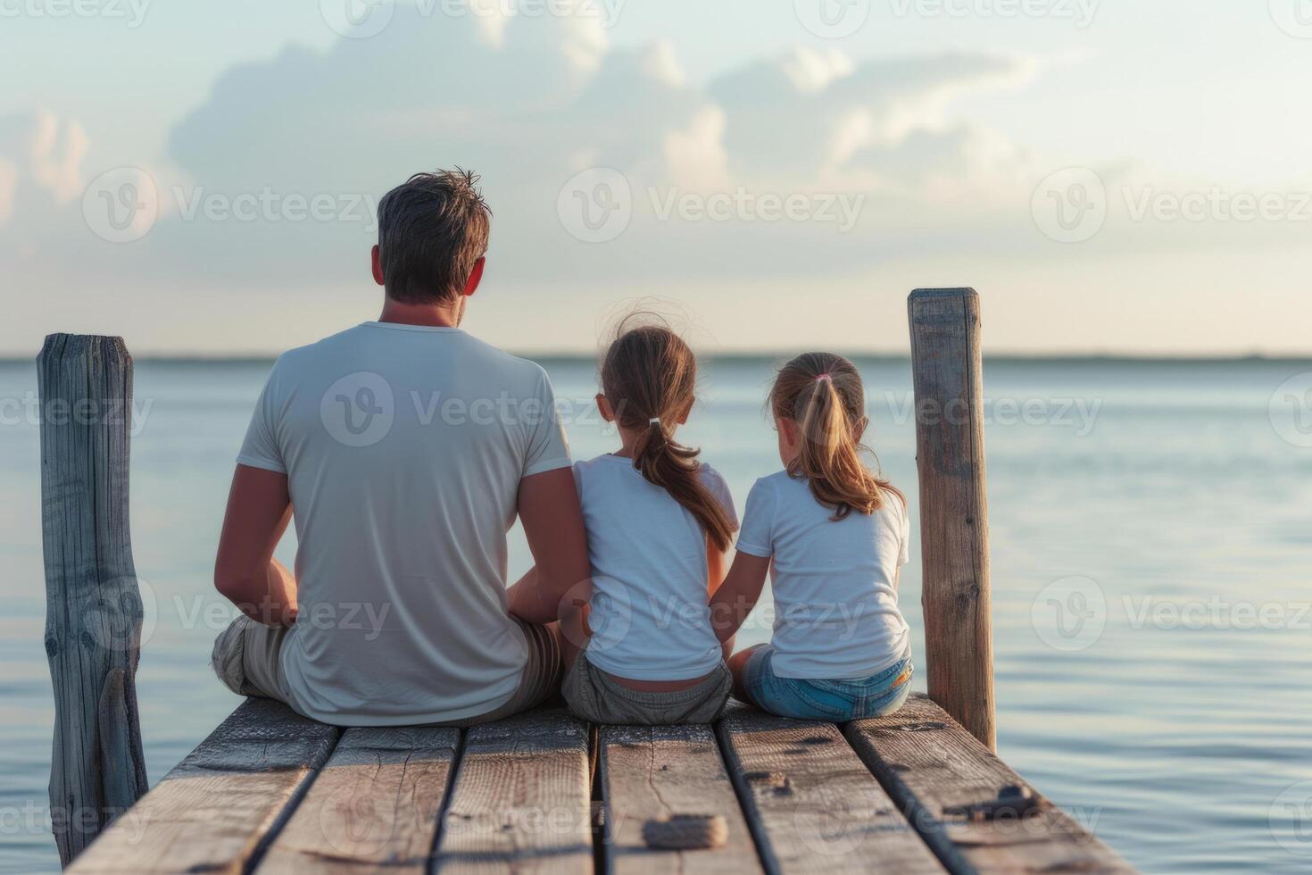 ai generado espalda ver de padre y dos niños sentado juntos en embarcadero. generativo ai foto