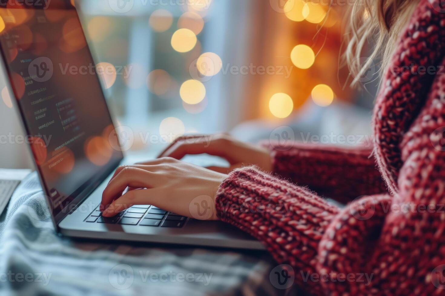 AI generated Side view of woman's hands typing on a laptop. Generative AI photo