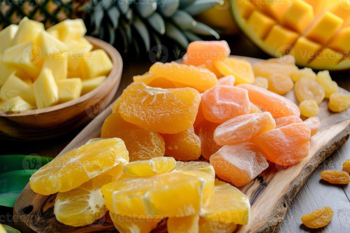 AI generated Dried fruits. Mango, pineapple, papaya and guava. Natural and healthy snack food. Generative AI photo