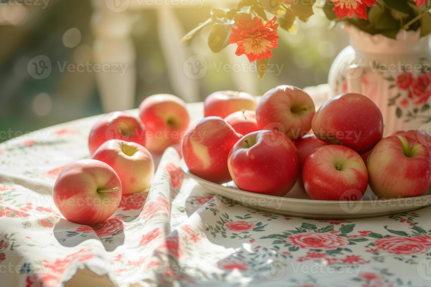 AI generated Table with floral patterned tablecloth and apples. Generative AI photo