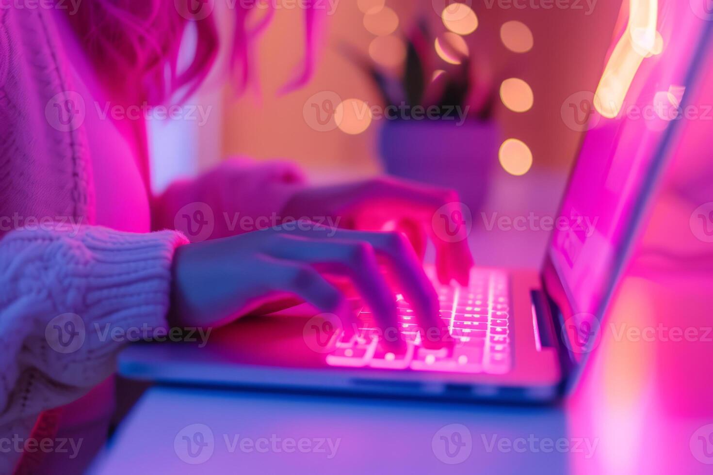 AI generated A woman is working by using a laptop on table. Female home office with laptop and flowers bouquet. Generative AI photo