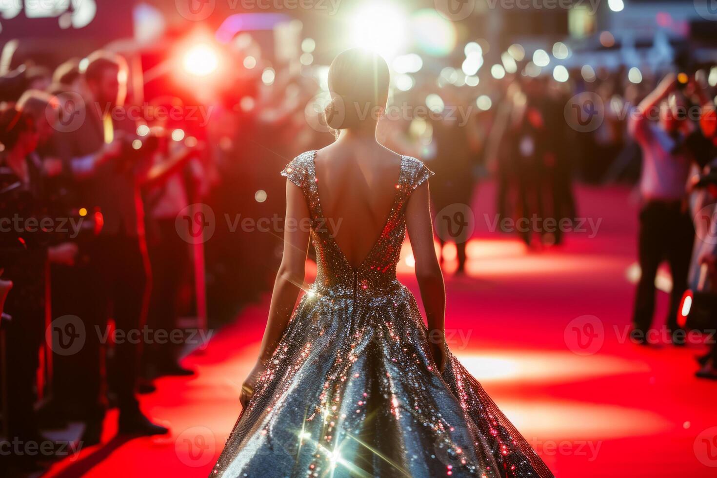 ai generado espalda ver de celebridad en brillante vestir torneado posando para fotógrafos en rojo alfombra. generativo ai foto