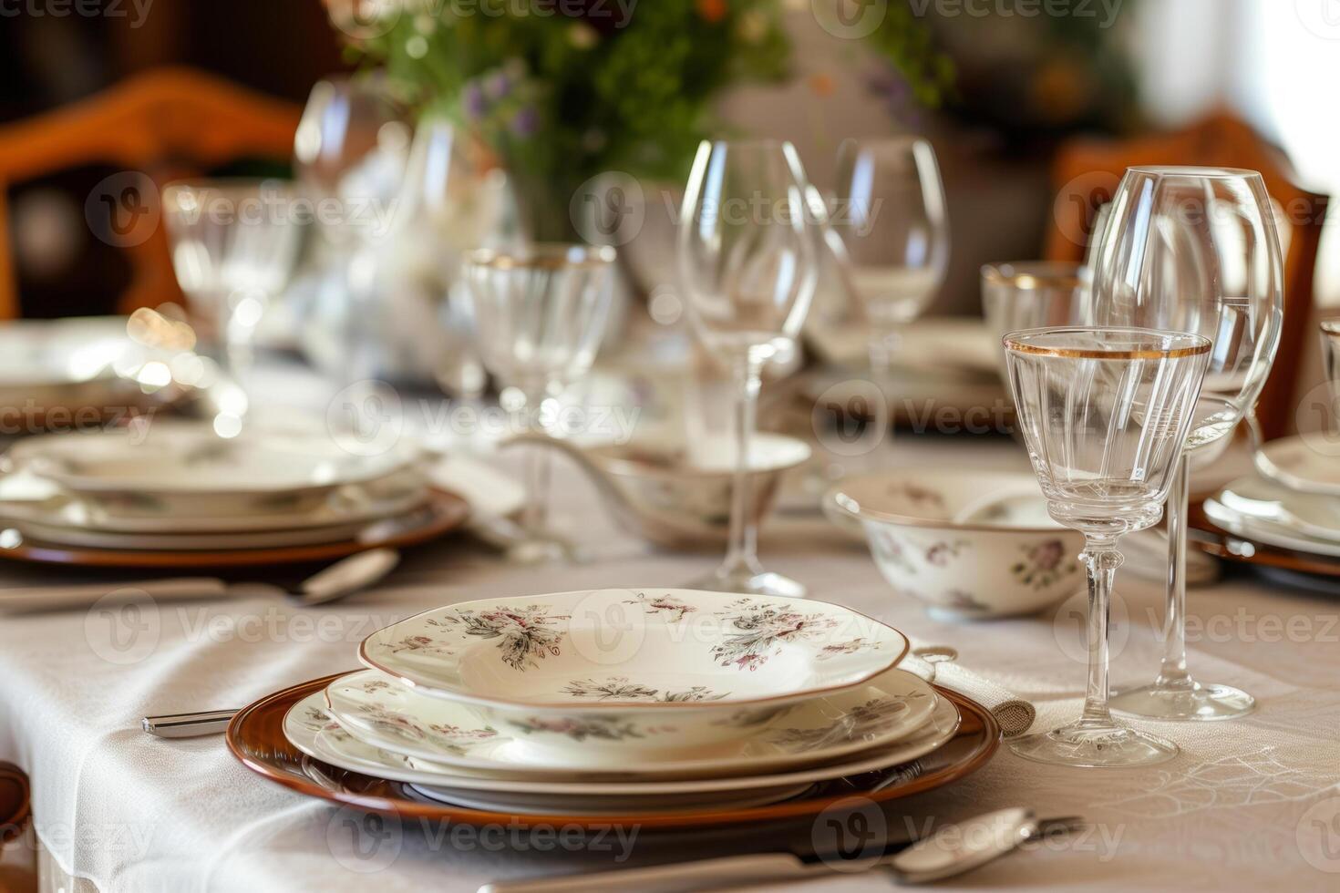 AI generated Elegant table setting with delicate floral themed dishes. Generative AI photo