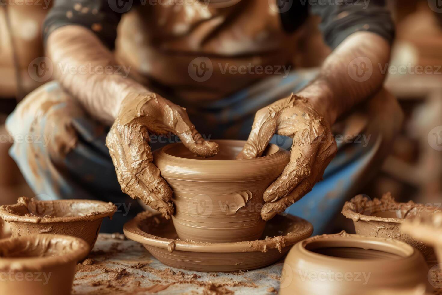 ai generado hombre haciendo cerámico maceta en el cerámica rueda. generativo ai foto