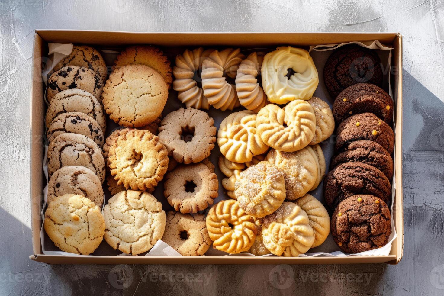 AI generated Box of assorted healthy cookies freshly baked and packed to go. Generative AI photo