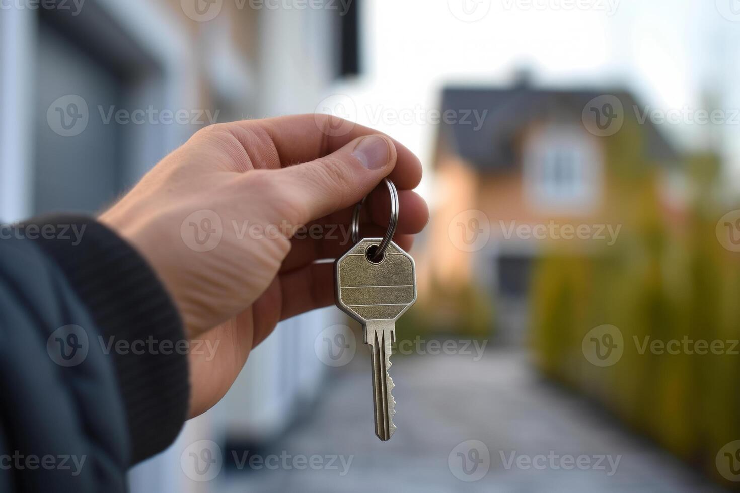 AI generated Hand hold keys in front of new home. Concept of buying, renting or selling real estate. Generative AI photo