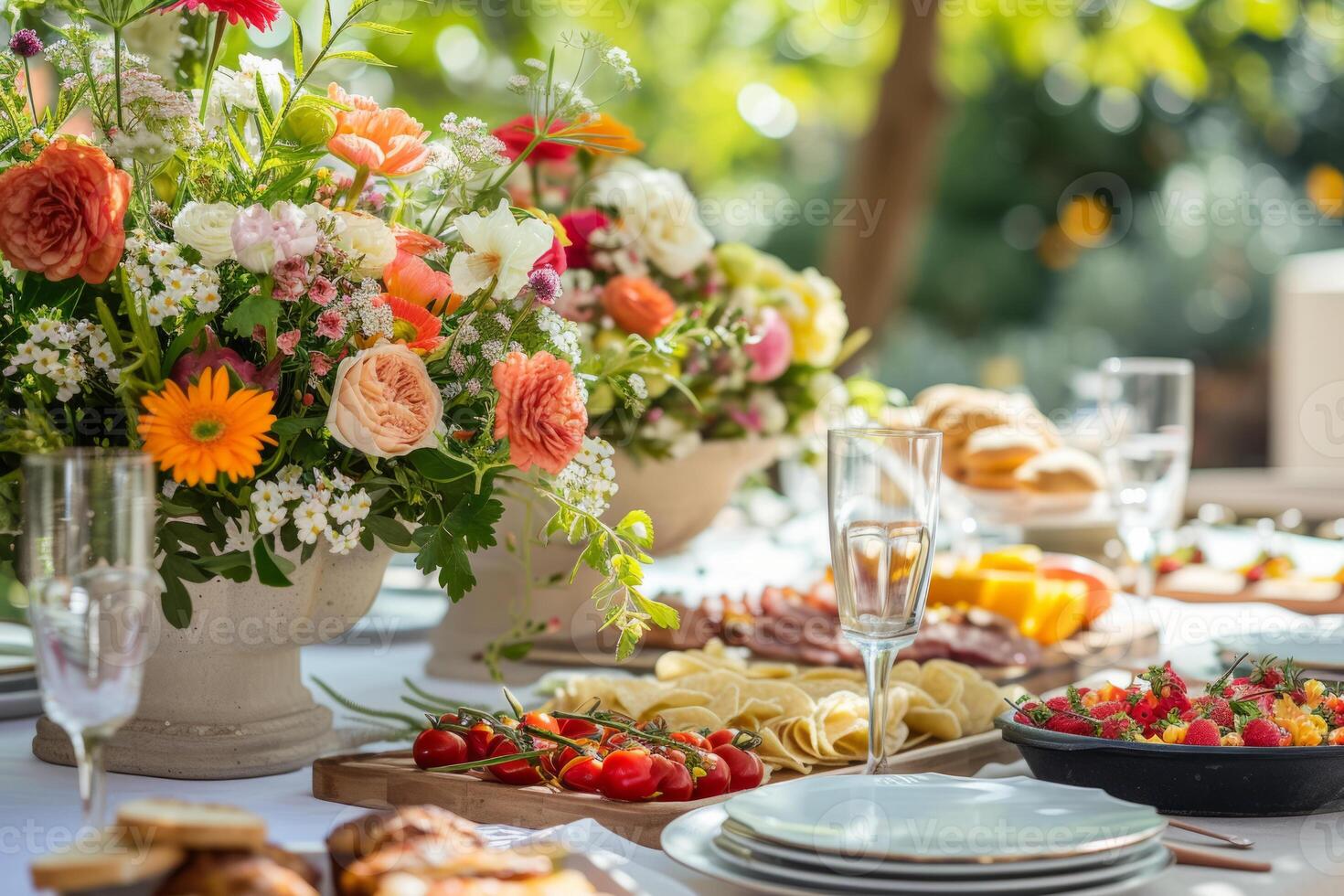AI generated Beautifully served table with different dishes and fresh flowers. Generative AI photo