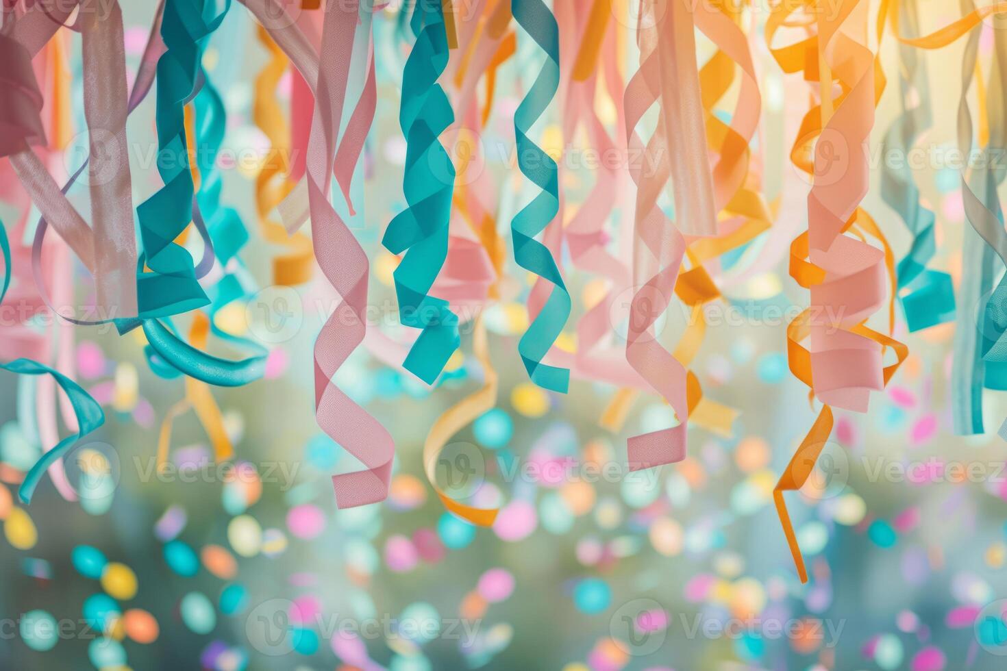 AI generated Birthday party decorations. Streamers, banners and confetti. Generative AI photo