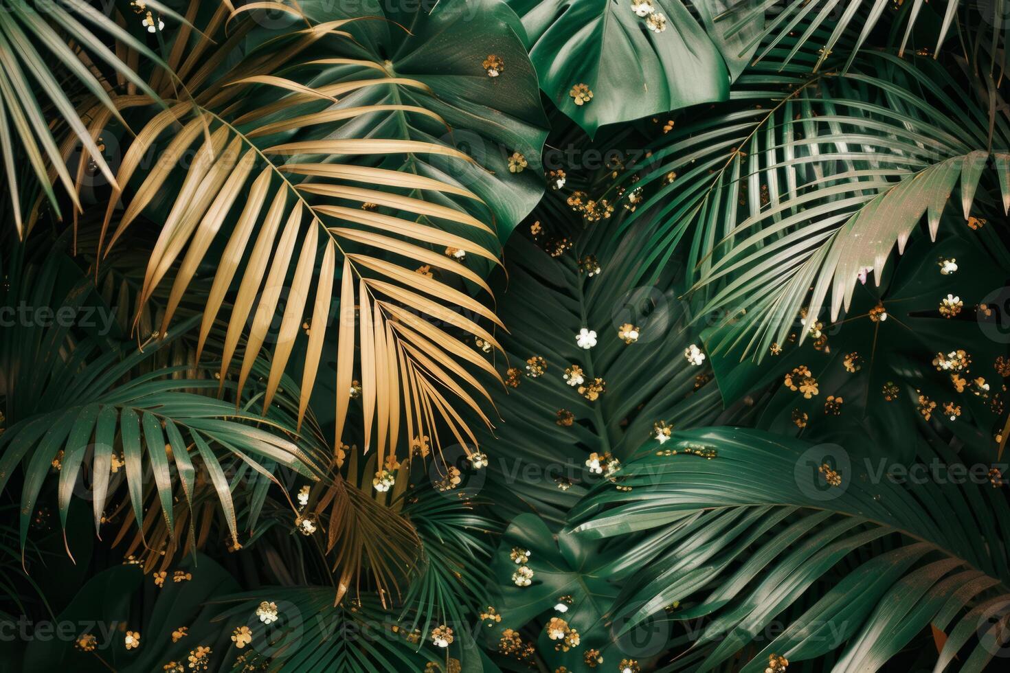 AI generated Tropical palm leaves and gold glitter background. Generative AI photo