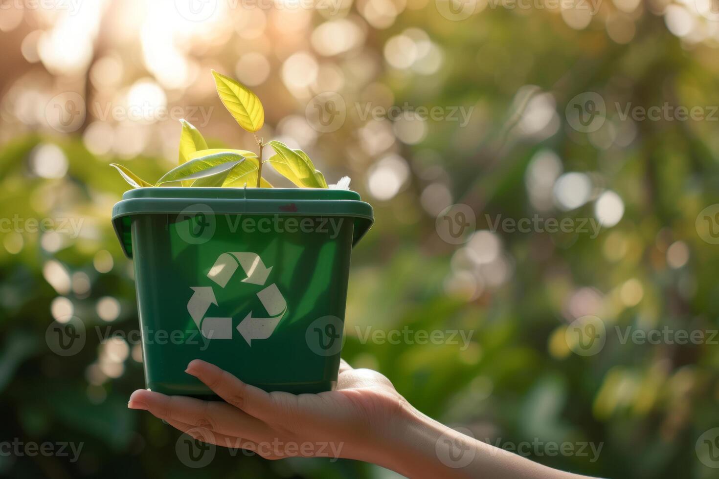 AI generated Hand and a recycling bin with a recycle paper. Generative AI photo