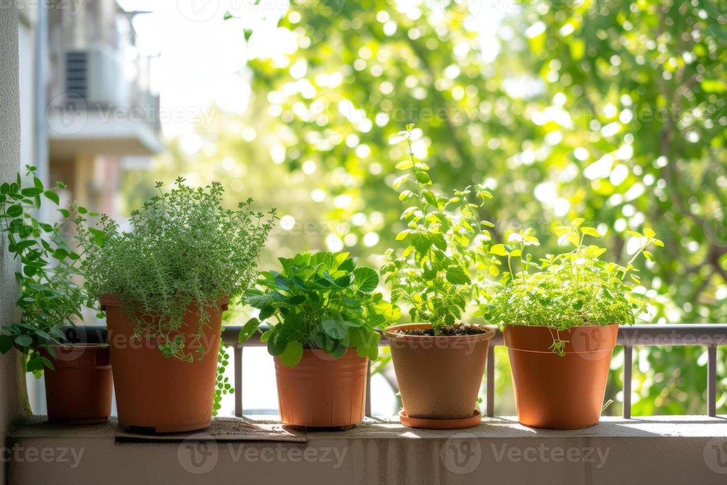 AI generated Small urban balcony garden with potted plants. Generative AI photo