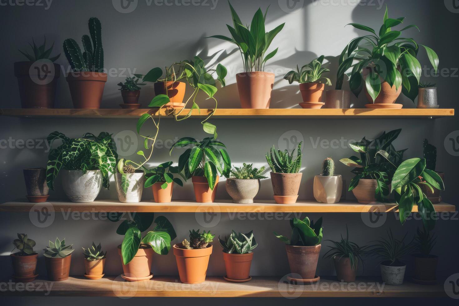 AI generated Shelf filled with potted plants. Home decor and tree lover concept. Generative AI photo