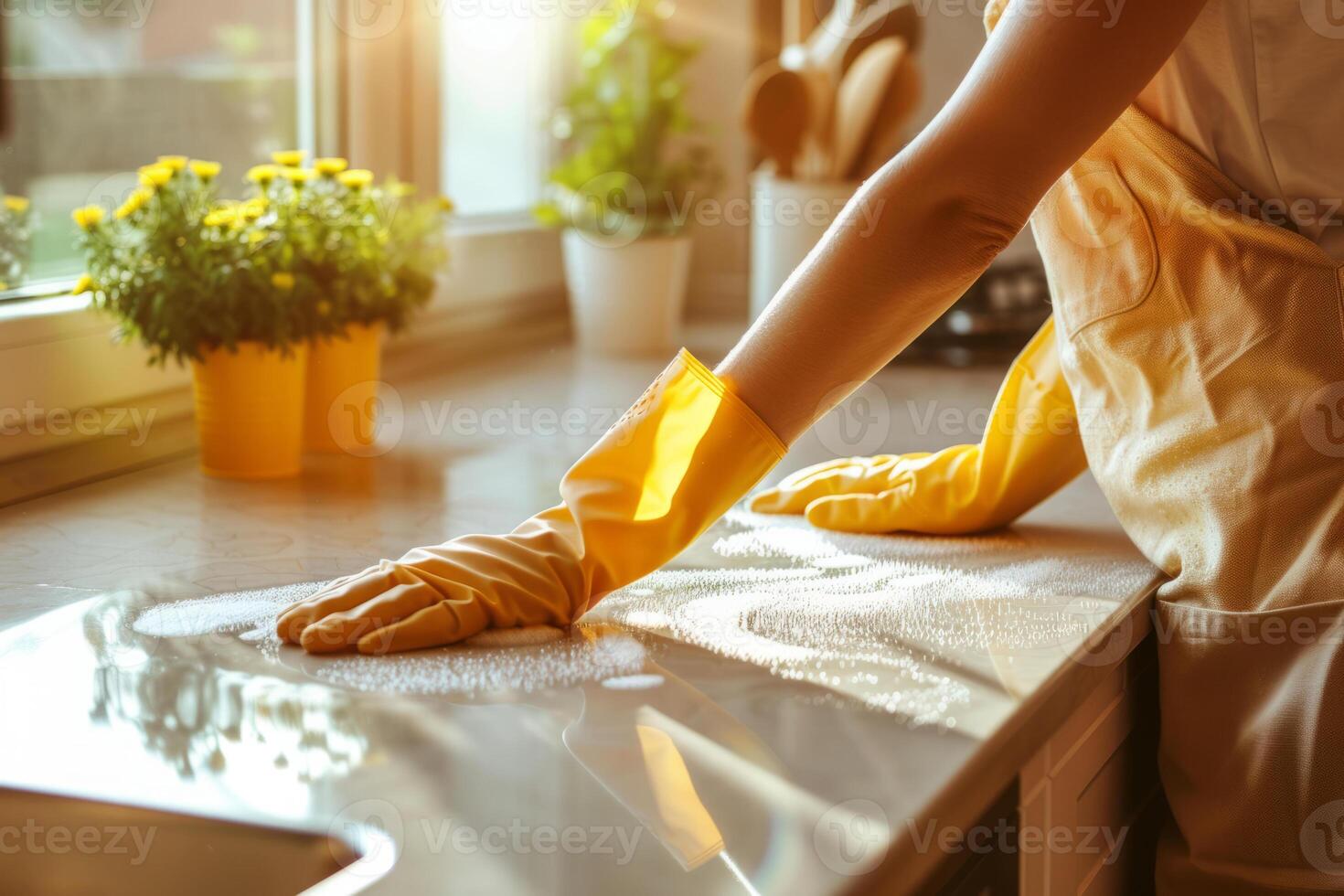 AI generated Woman's hands in rubber gloves dusting kitchen. Spring cleaning concept. Generative AI photo