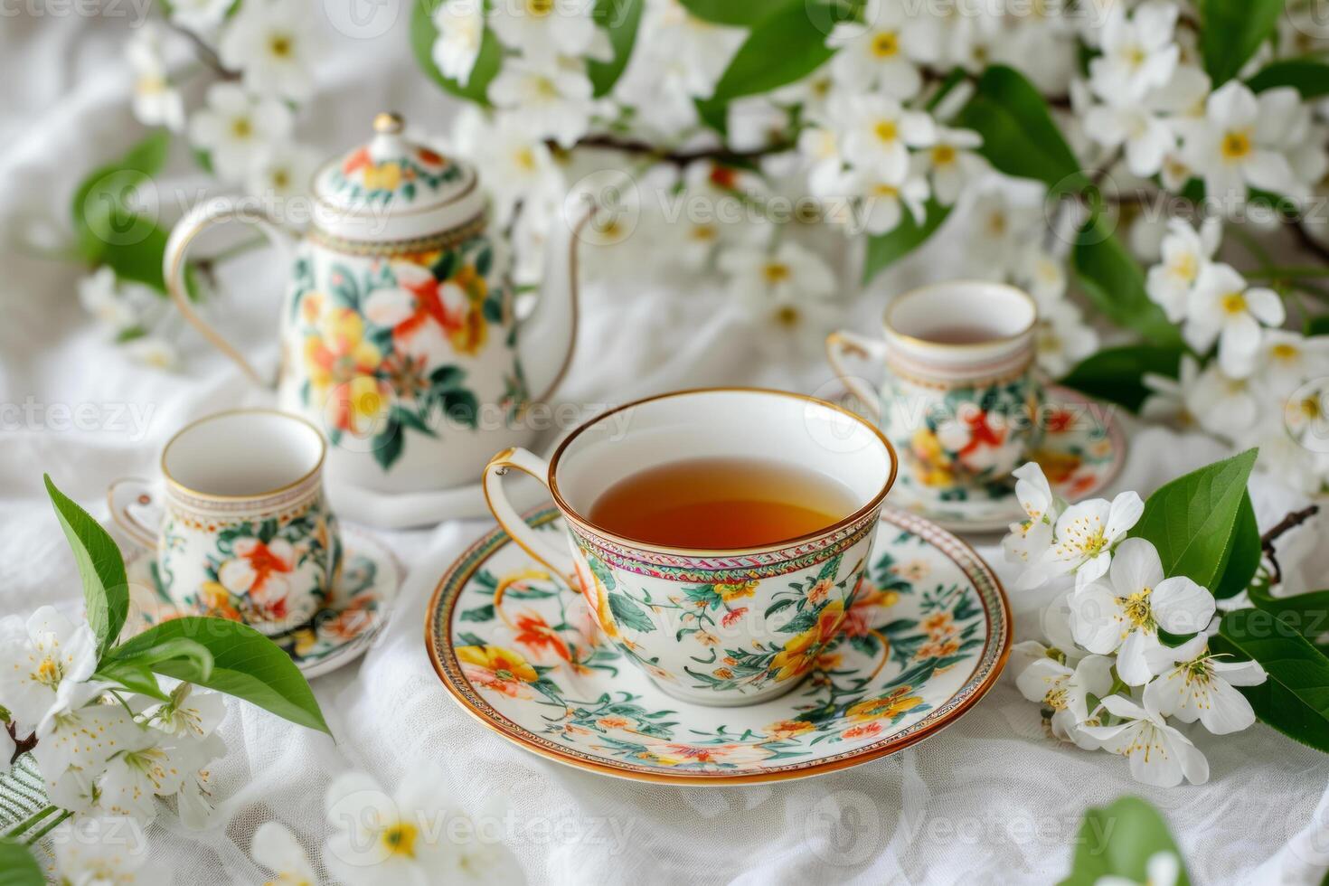 AI generated Tea set with floral dishware and flowers. Generative AI photo