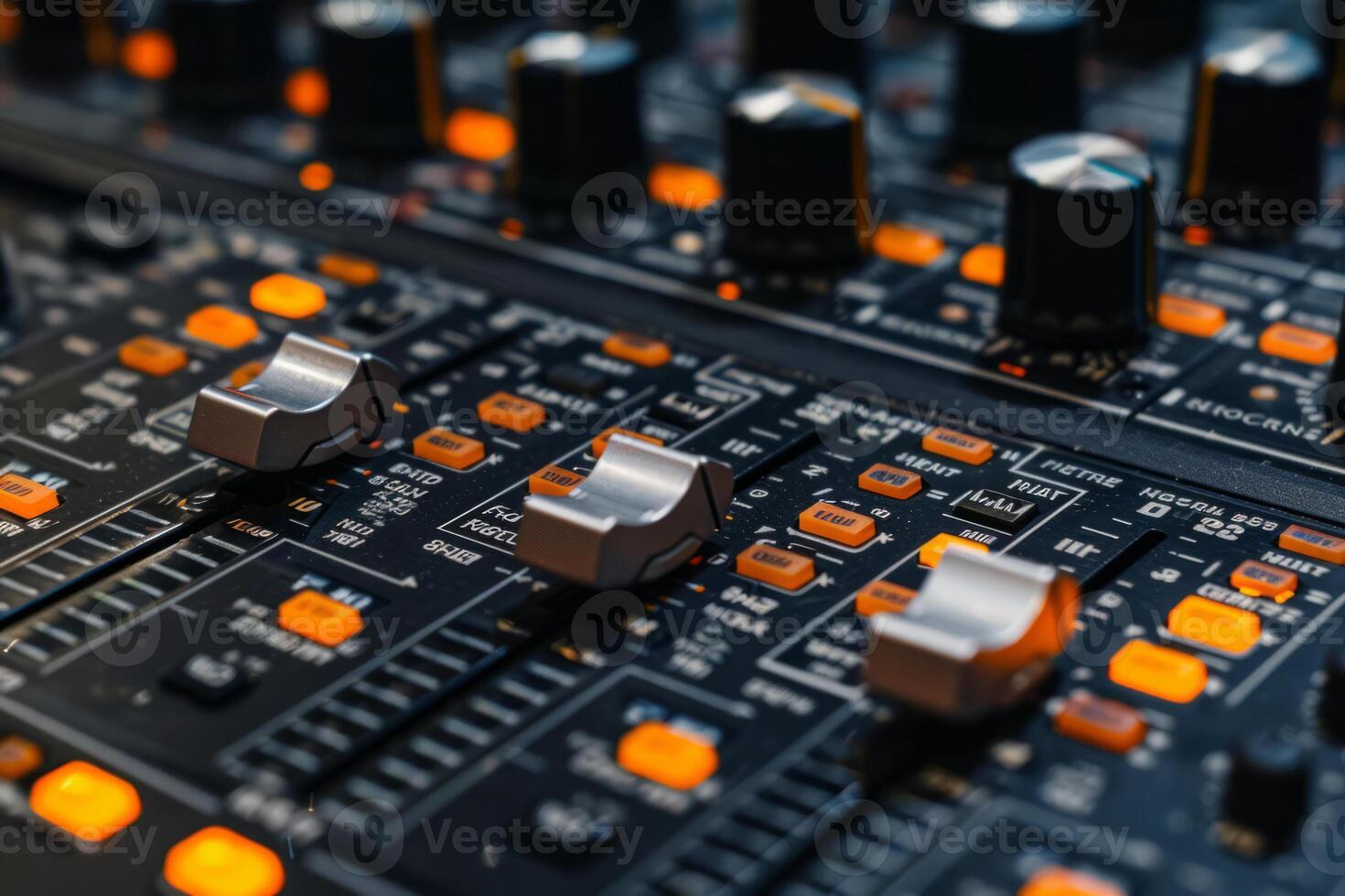 AI generated Audio sound mixer control panel with buttons and sliders. Generative AI photo
