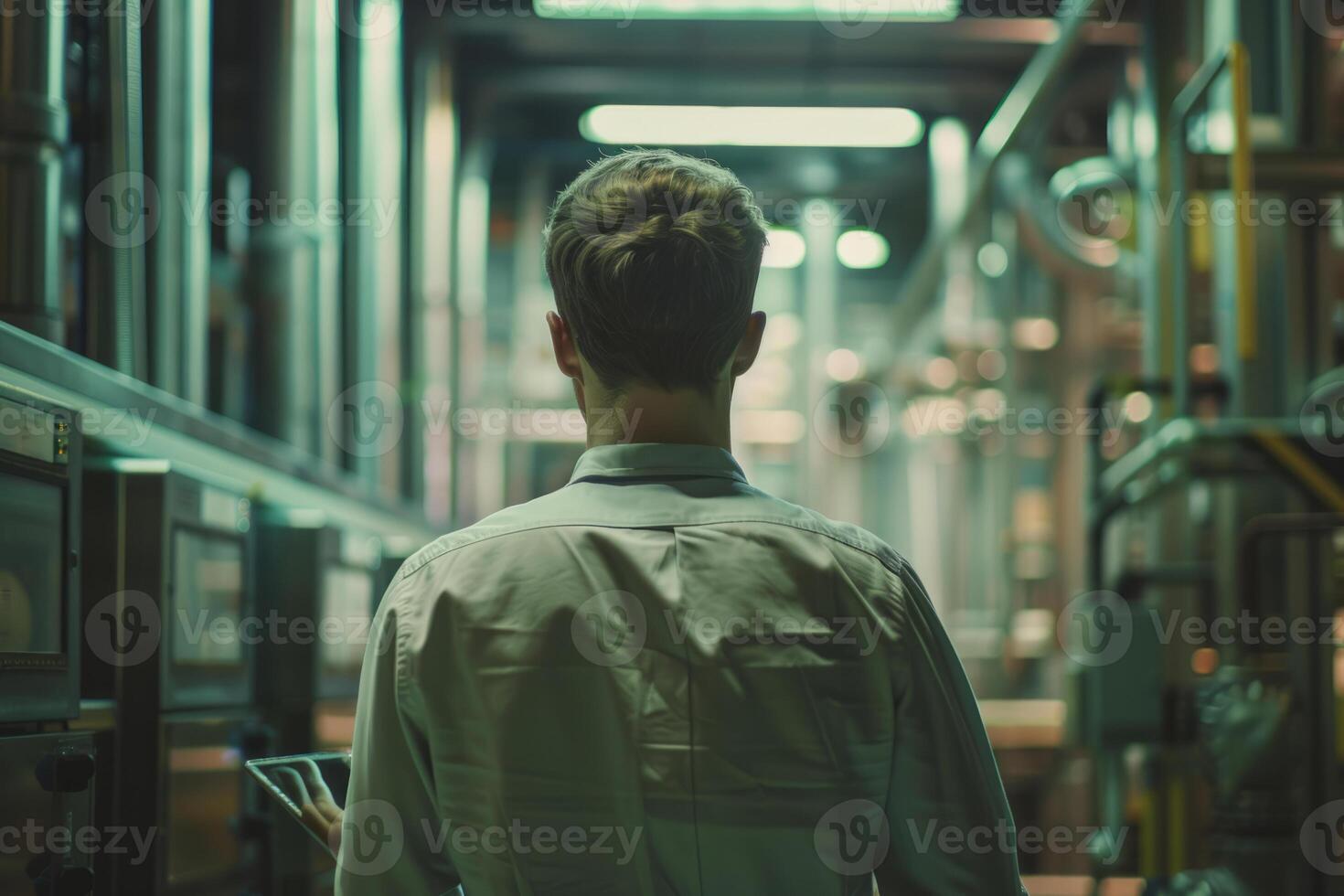 AI generated Back view of man in a modern factory with a tablet in his hands. Worker in industrial environment. Generative AI photo
