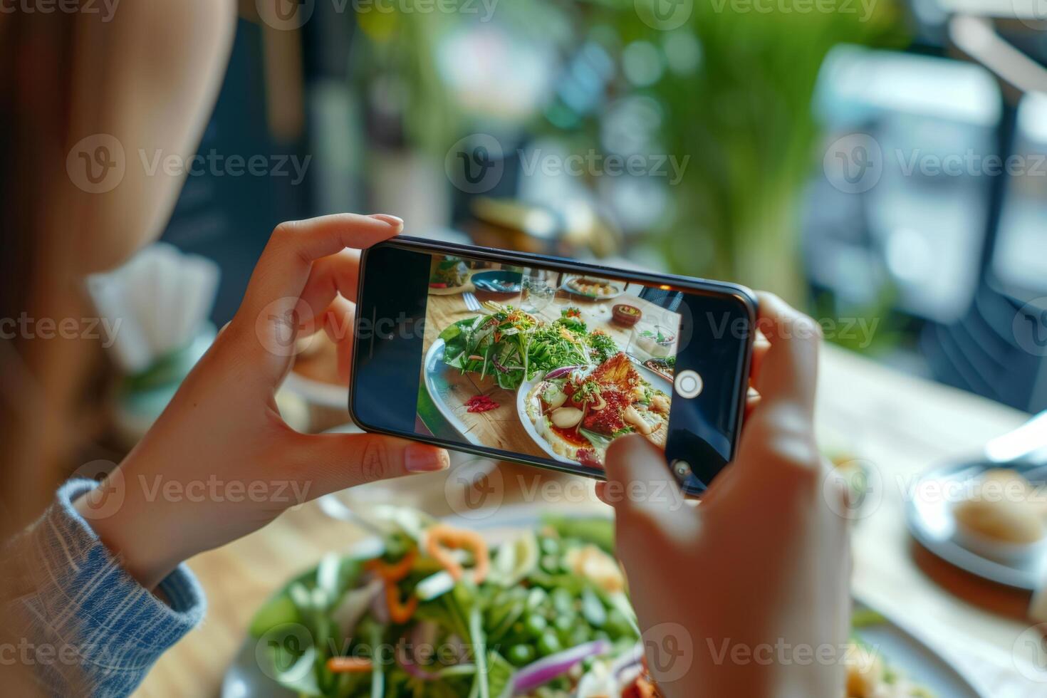 AI generated Woman's hands holding smartphone and taking photo of the food in a restaurant. Generative AI