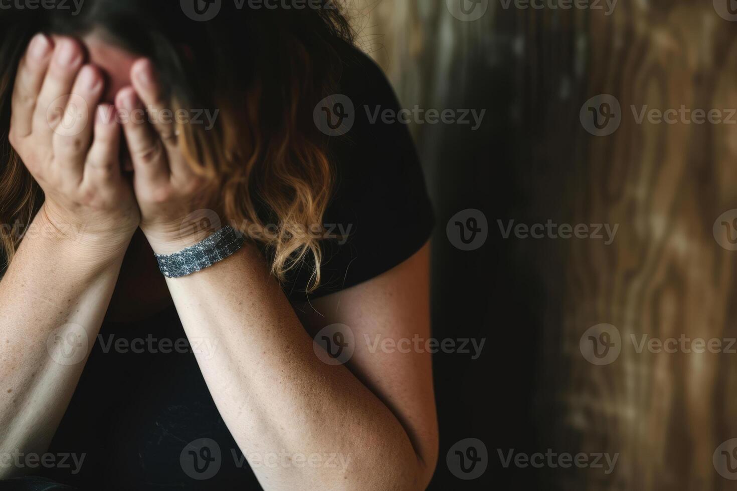 AI generated Stressed and depressed woman covering his face with hands. Dramatic concept. Generative AI photo