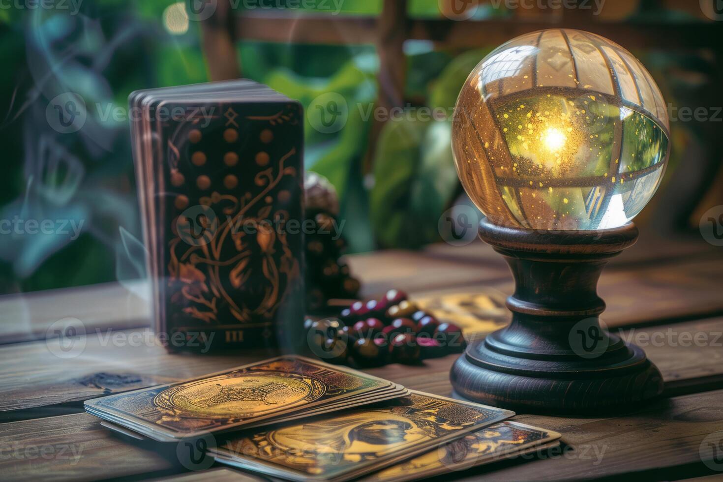 ai generado fortuna narración mesa con un magia cristal pelota y tarot tarjetas generativo ai foto