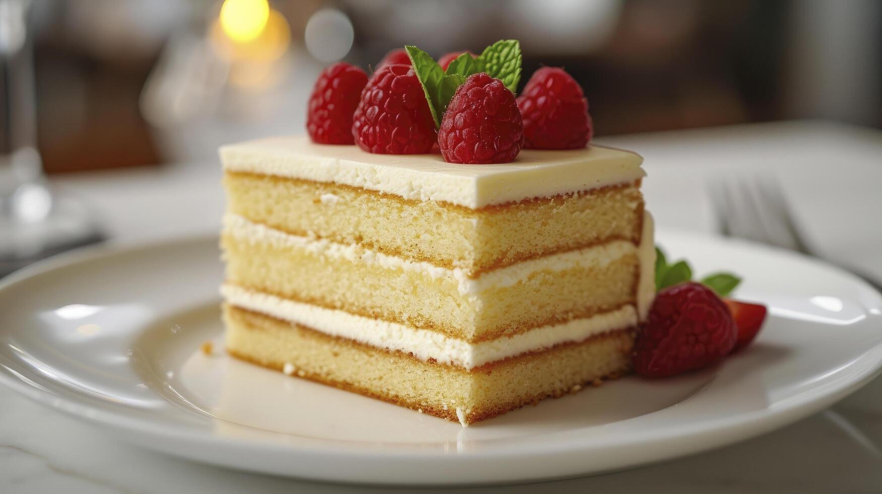 AI generated Fraisier cake is a French strawberry cake made from layers of genoise, mousseline cream and strawberries closeup on the plate on the table photo