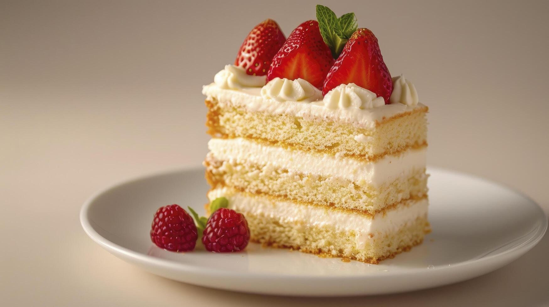 AI generated Fraisier cake is a French strawberry cake made from layers of genoise, mousseline cream and strawberries closeup on the plate on the table photo