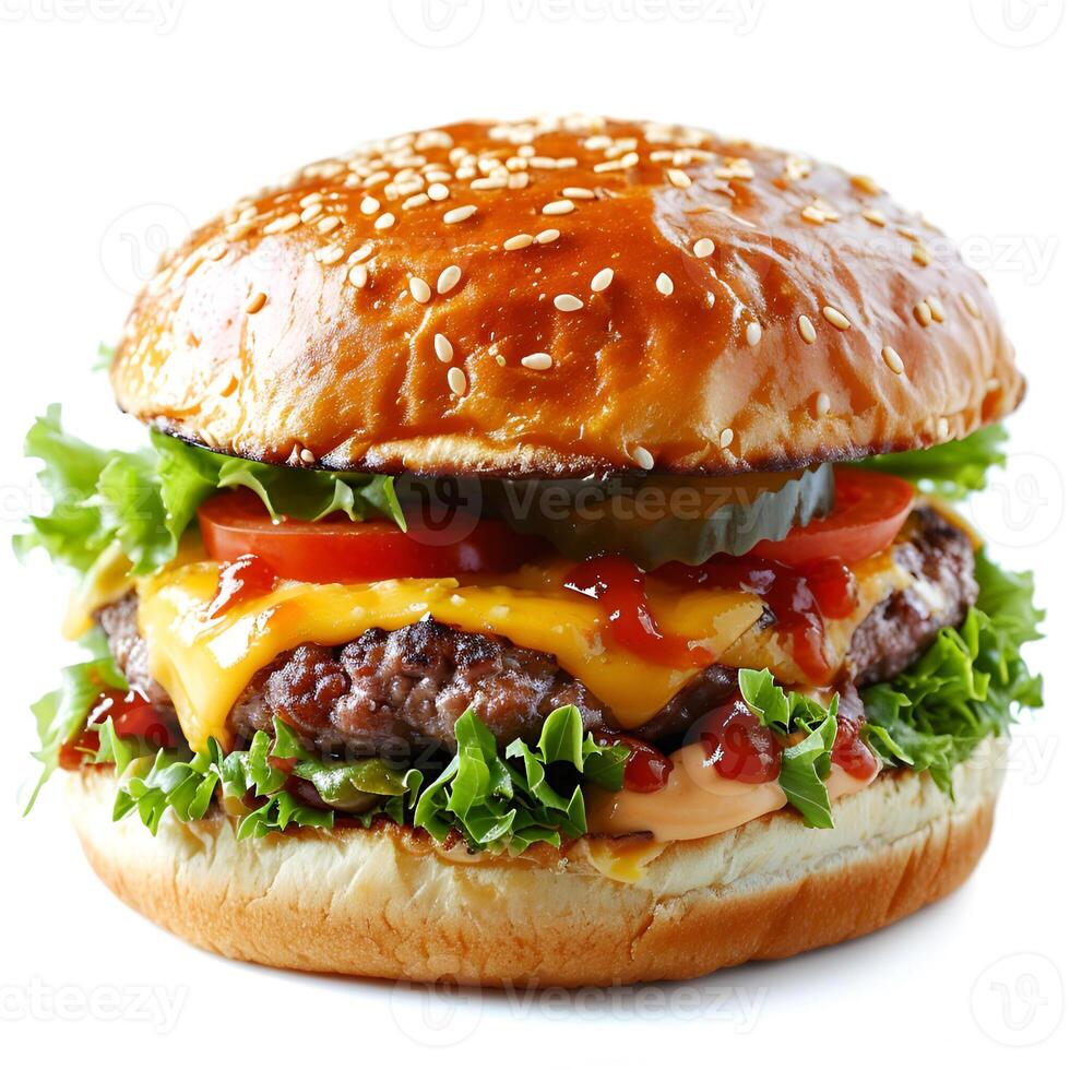 AI generated A Delicious Beef Burger With Juicy Patty, Cheese, Tomato, Sause, and Lettuce Isolated On The White Background photo