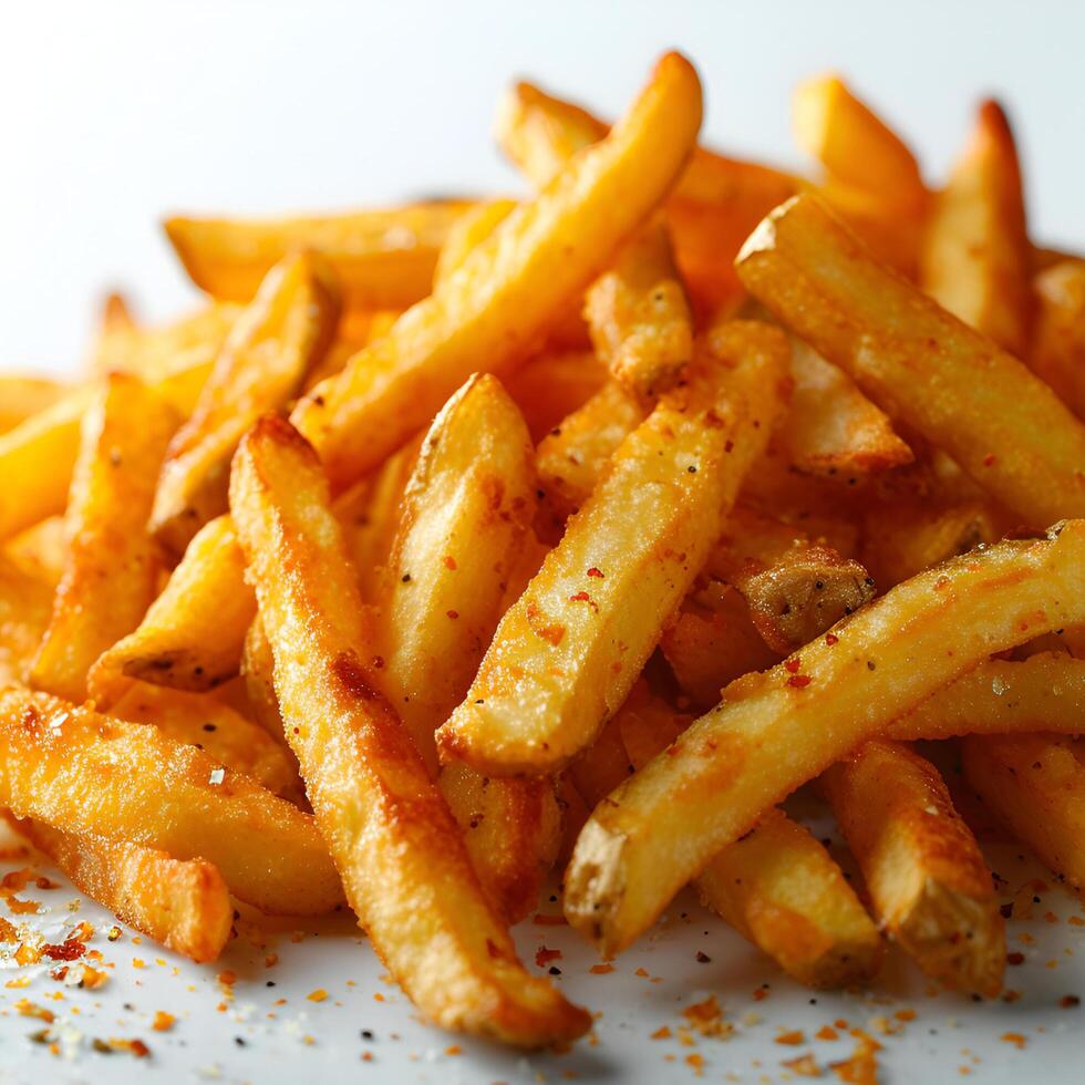 AI generated CRISPY FRENCH FRIES ON  A PLATE ISOLATED IN A WHITE BACKGROUND photo