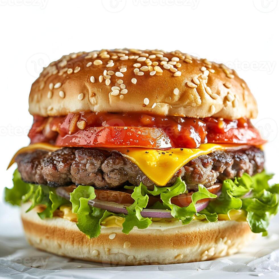AI generated A Delicious Beef Burger With Juicy Patty, Cheese, Tomato, Sause, and Lettuce Isolated On The White Background photo