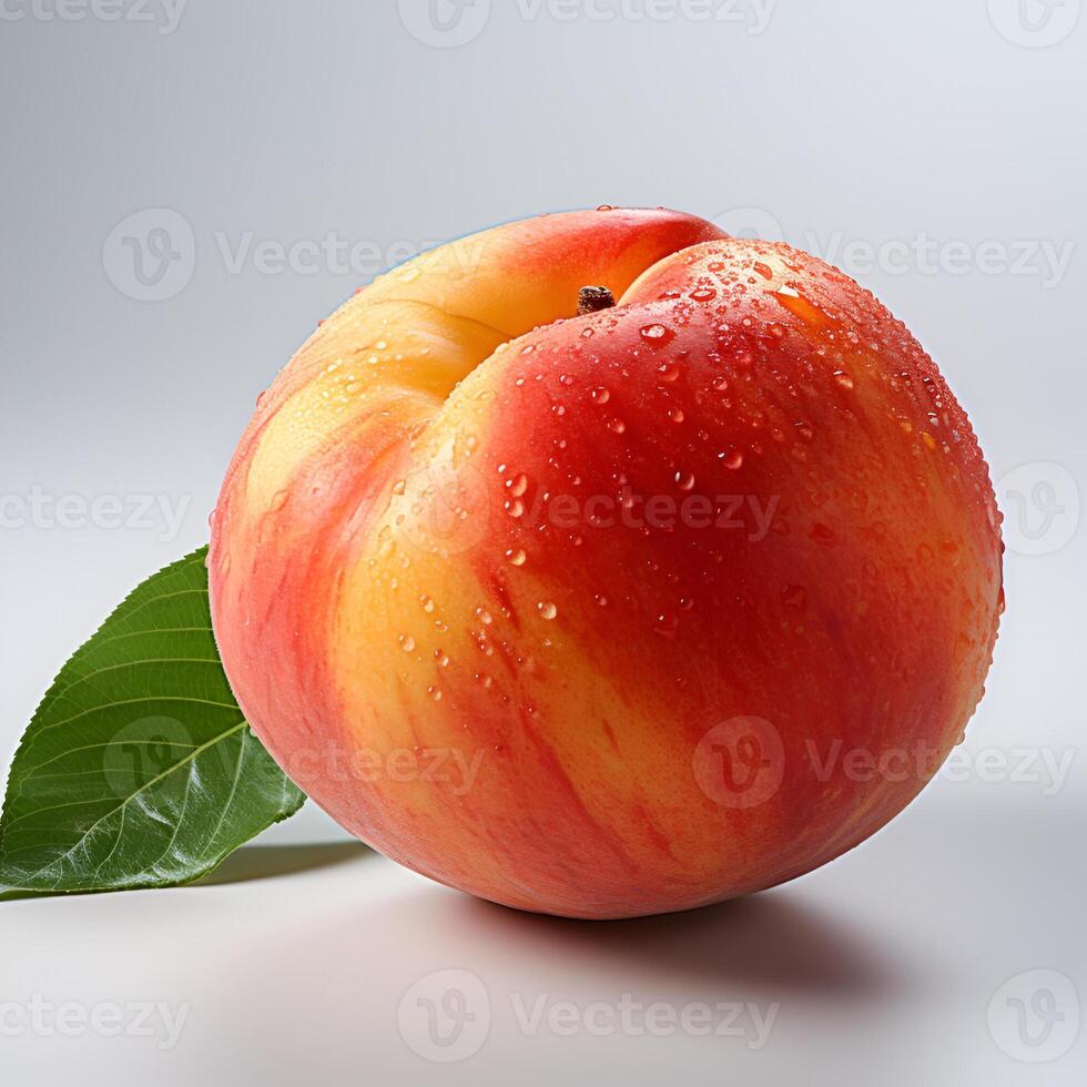 AI generated A Juicy Tasty Ripe Peach With Green Leaves Isolated On The White Background photo