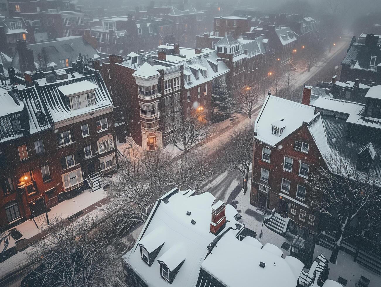 AI generated Aerial view of snow-covered street in small town during winter. photo