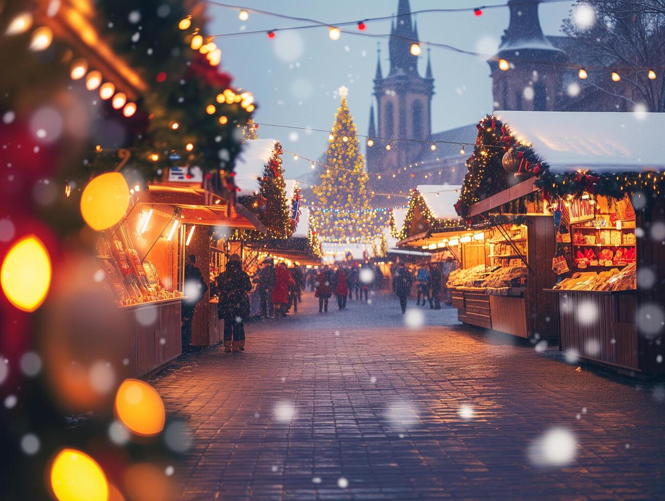 AI generated Christmas market in snow. People walking and shopping photo